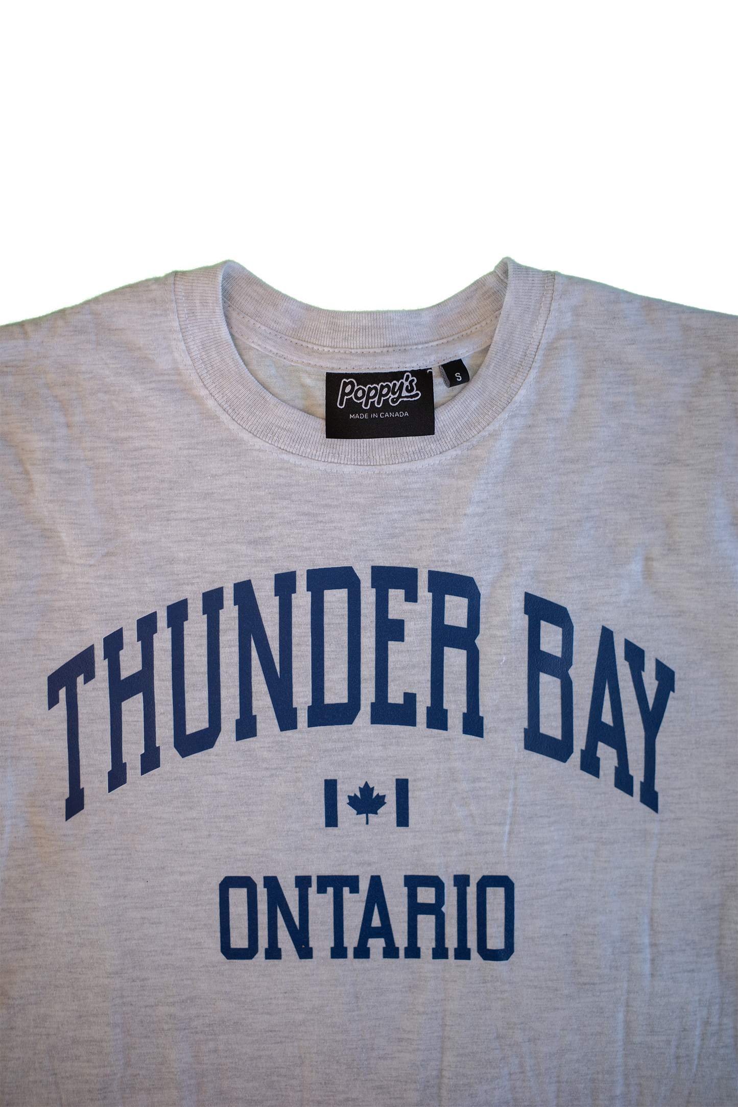 Grey T-Shirt With Thunder Bay Ontario in Blue Printed on Front