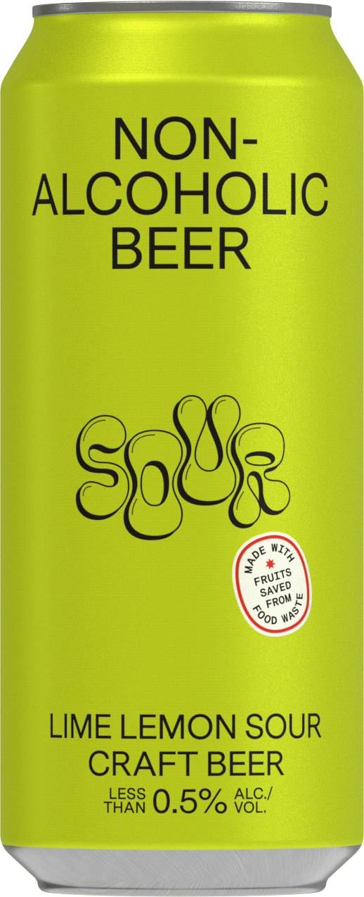 Can of non-alcoholic beer labeled 'Lime Lemon Sour' with 'Sour' branding.
