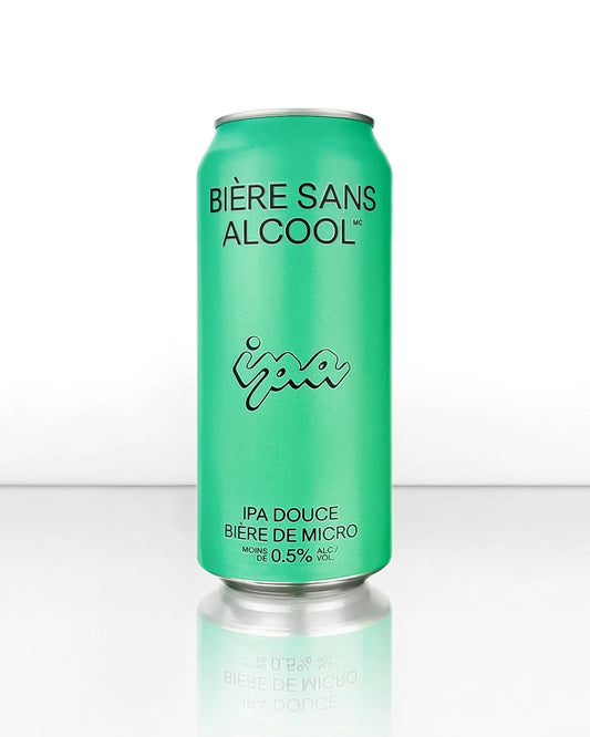 Green can of 'Bière Sans Alcool' on a white background