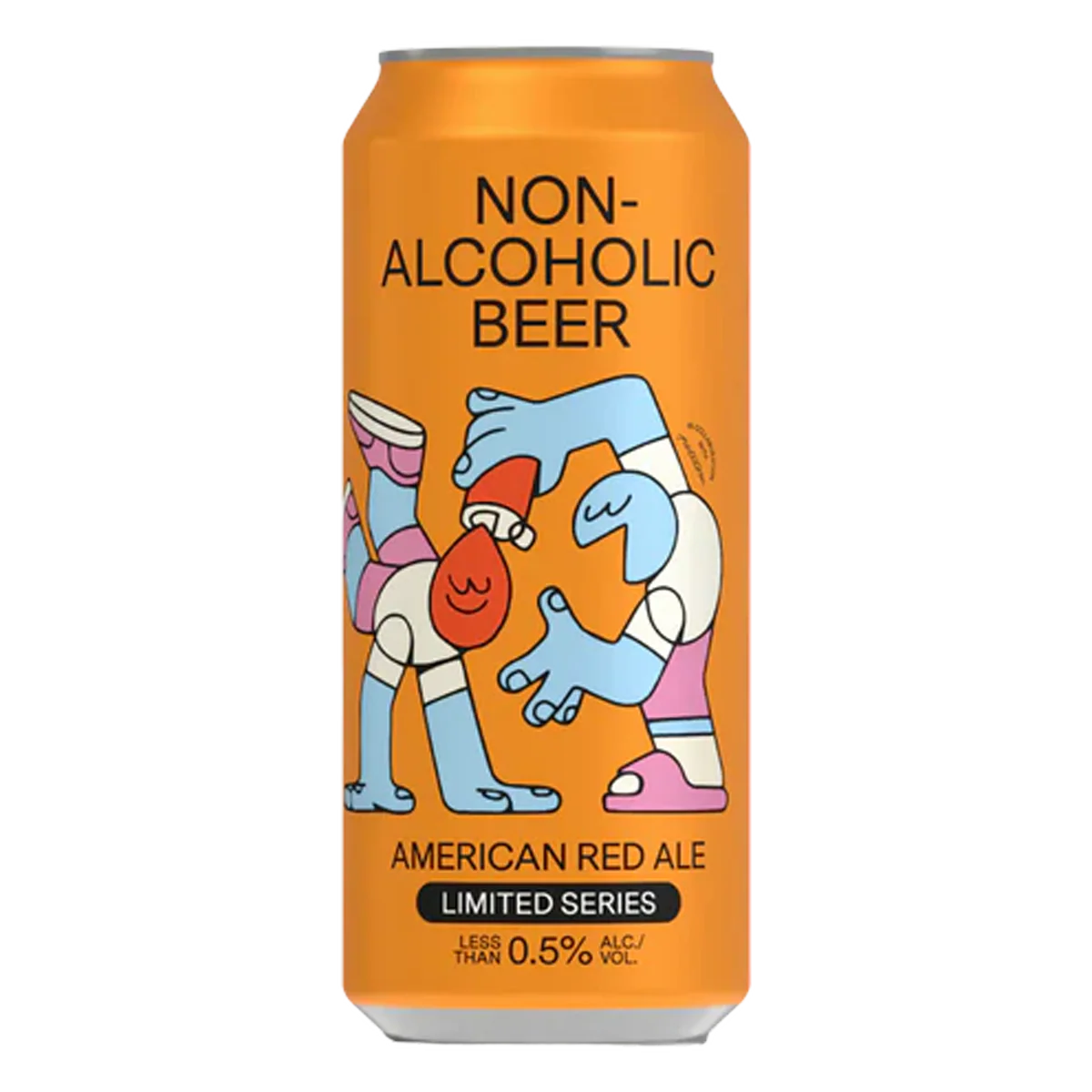 Orange can of non-alcoholic beer with cartoon characters on a white background