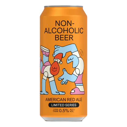 Orange can of non-alcoholic beer with cartoon characters on a white background