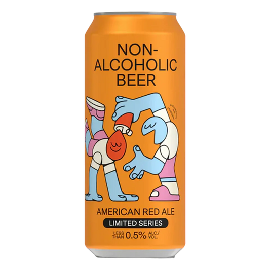 Orange can of non-alcoholic beer with cartoon characters on a white background