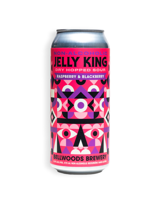 Beer can with colorful geometric design on a white background