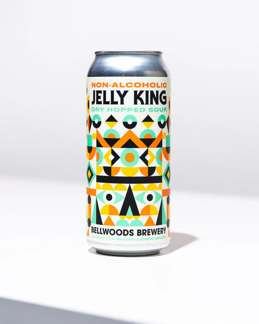 Non-alcoholic beer can with geometric design on a white background