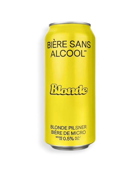 Yellow can of 'Bière Sans Alcool Blonde' on a white background