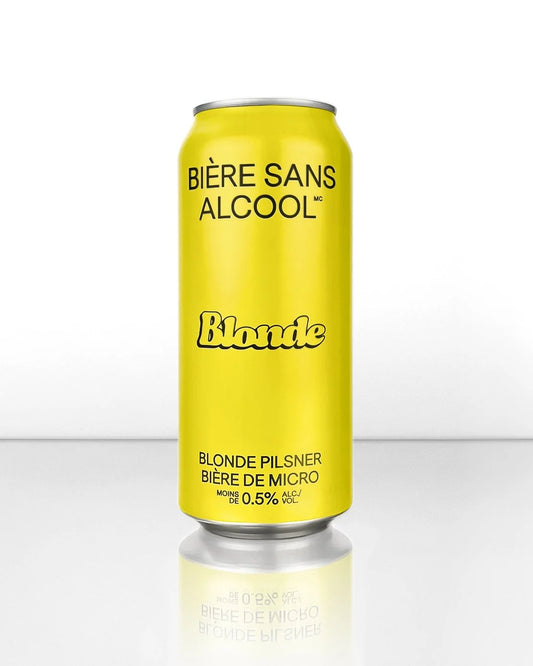 Yellow can of 'Bière Sans Alcool Blonde' on a white background