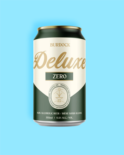 Burdock Deluxe Zero non-alcoholic beer can on a blue background