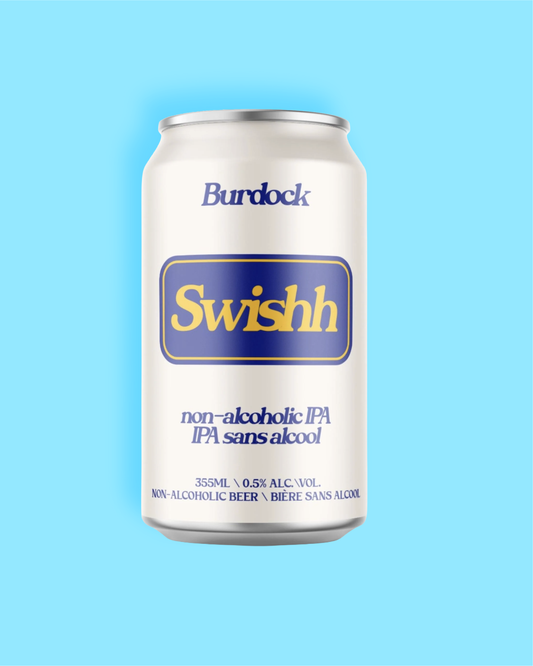 Can of Swishh non-alcoholic IPA with 'Burdock' branding on a light blue background
