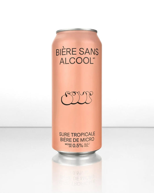Pink can of 'Bière Sans Alcool' on a white background