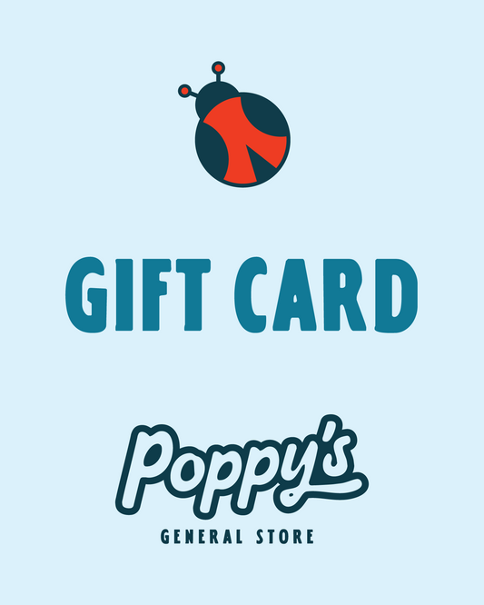 Gift card design for Poppy's General Store with a ladybug logo on a light blue background