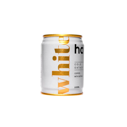 Coffee can with gold and black text on a white background