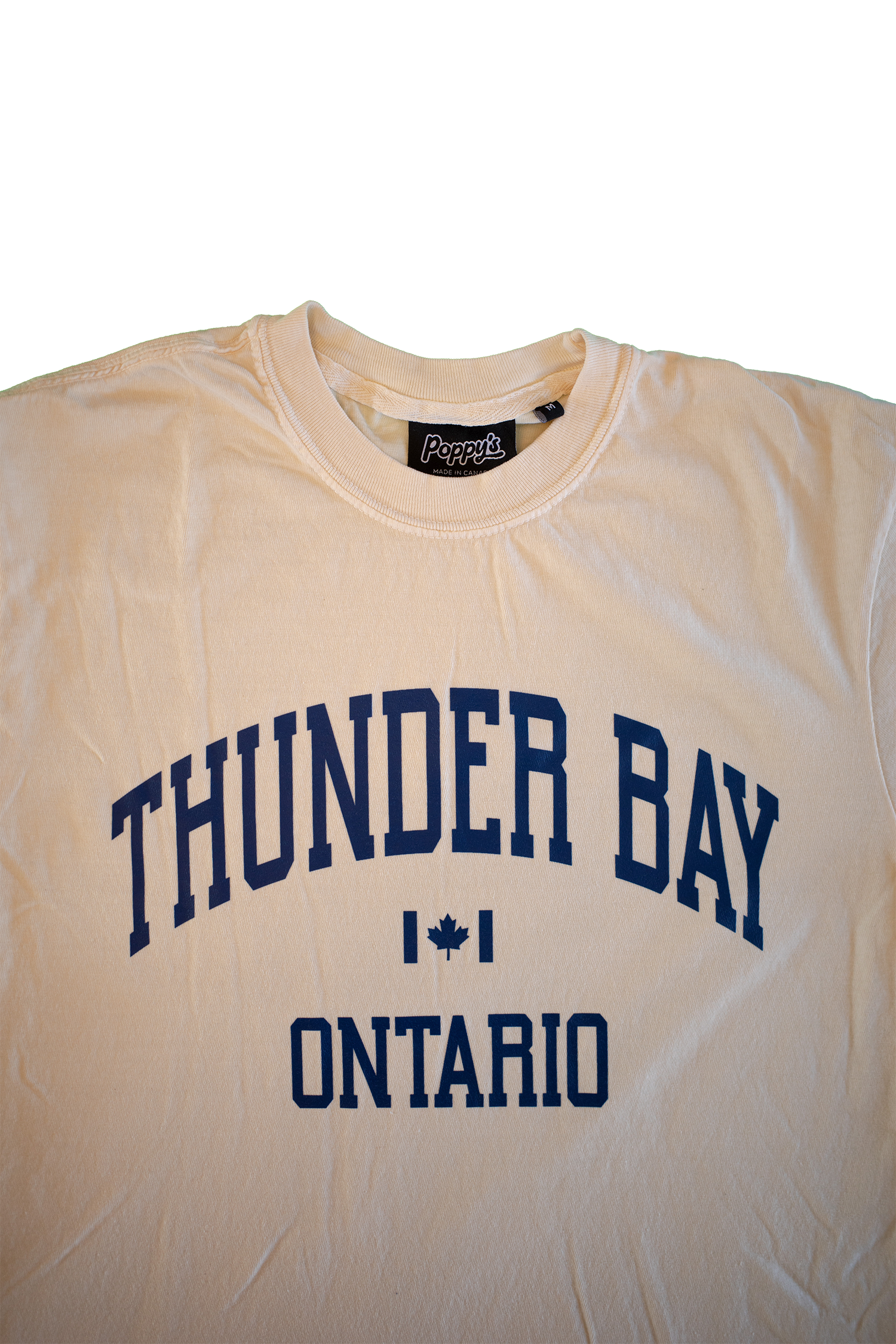 Ivory T-Shirt With Thunder Bay Ontario in Blue Printed on Front 