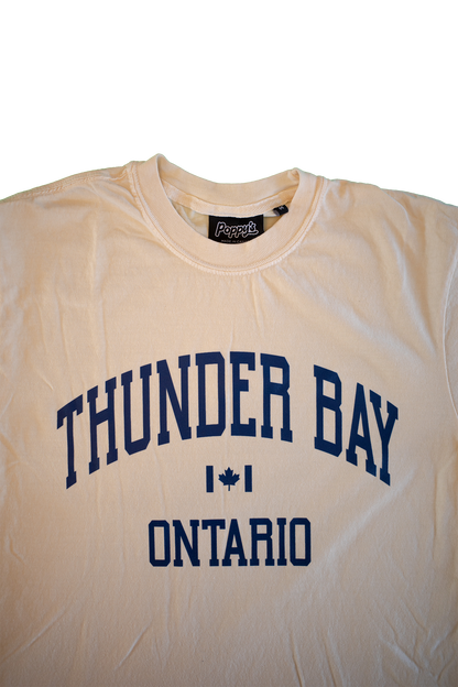 Ivory T-Shirt With Thunder Bay Ontario in Blue Printed on Front 