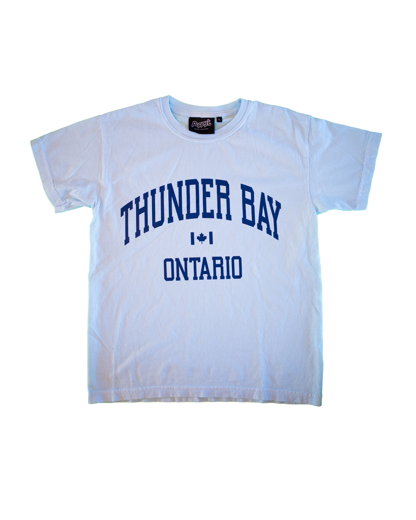 light blue t-shirt with 'Thunder Bay Ontario' text on a light blue background