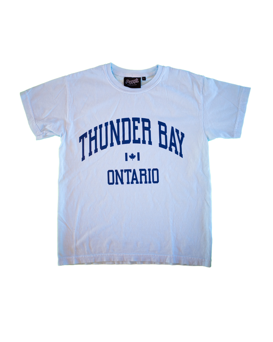 light blue t-shirt with 'Thunder Bay Ontario' text on a light blue background