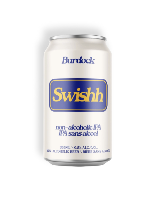 Burdock Swishh white can non alcohlic beer