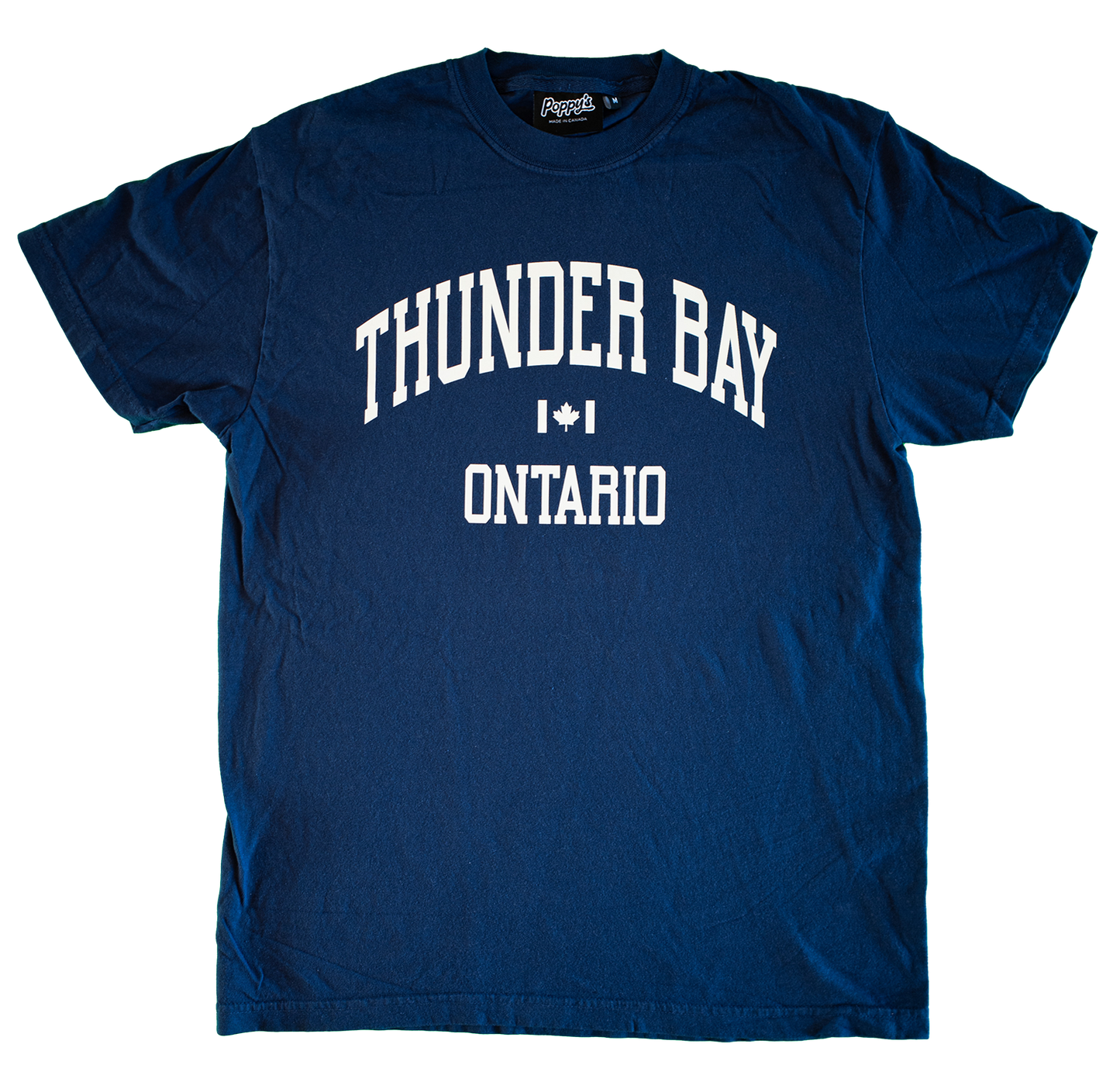 Blue T-shirt With Thunder Bay Ontario in White Printed on Front 
