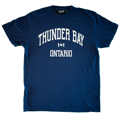 Blue T-shirt With Thunder Bay Ontario in White Printed on Front 