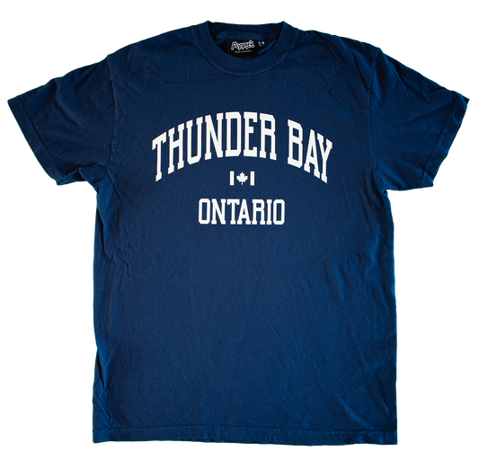 Blue T-shirt With Thunder Bay Ontario in White Printed on Front 