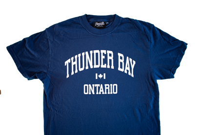 Blue T-shirt With Thunder Bay Ontario in White Printed on Front 