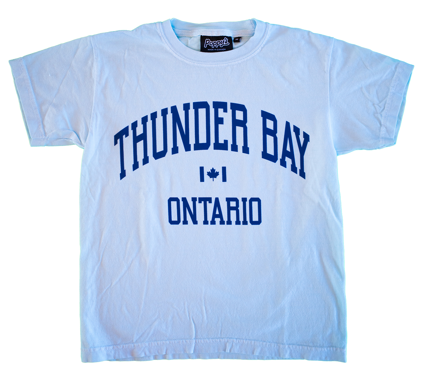 Light Blue Youth T-shirt With Thunder Bay Ontario in Varsity Blue on Front 