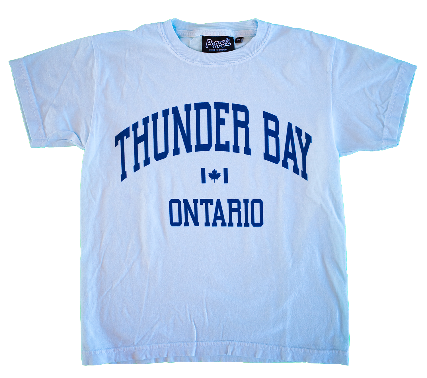 Light Blue Youth T-shirt With Thunder Bay Ontario in Varsity Blue on Front 