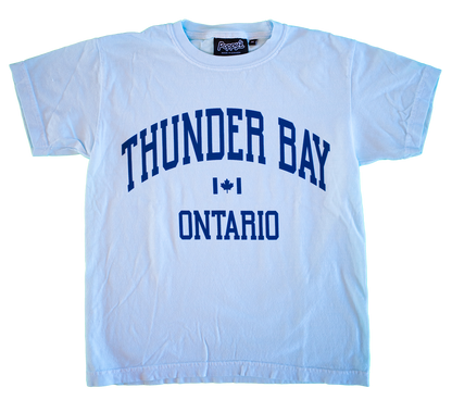 Light Blue Youth T-shirt With Thunder Bay Ontario in Varsity Blue on Front 