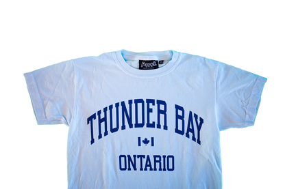 Light Blue Youth T-shirt With Thunder Bay Ontario in Varsity Blue on Front 
