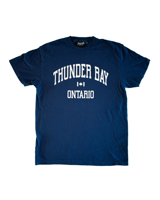 Navy blue t-shirt with 'Thunder Bay Ontario' text 