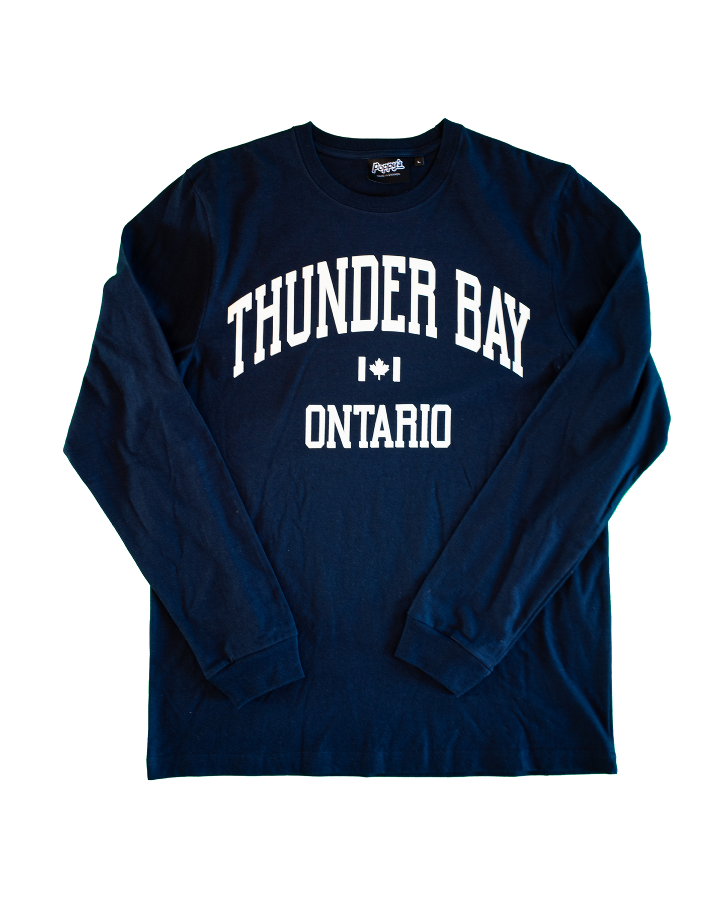 Navy blue long-sleeve shirt with 'Thunder Bay Ontario' text in white