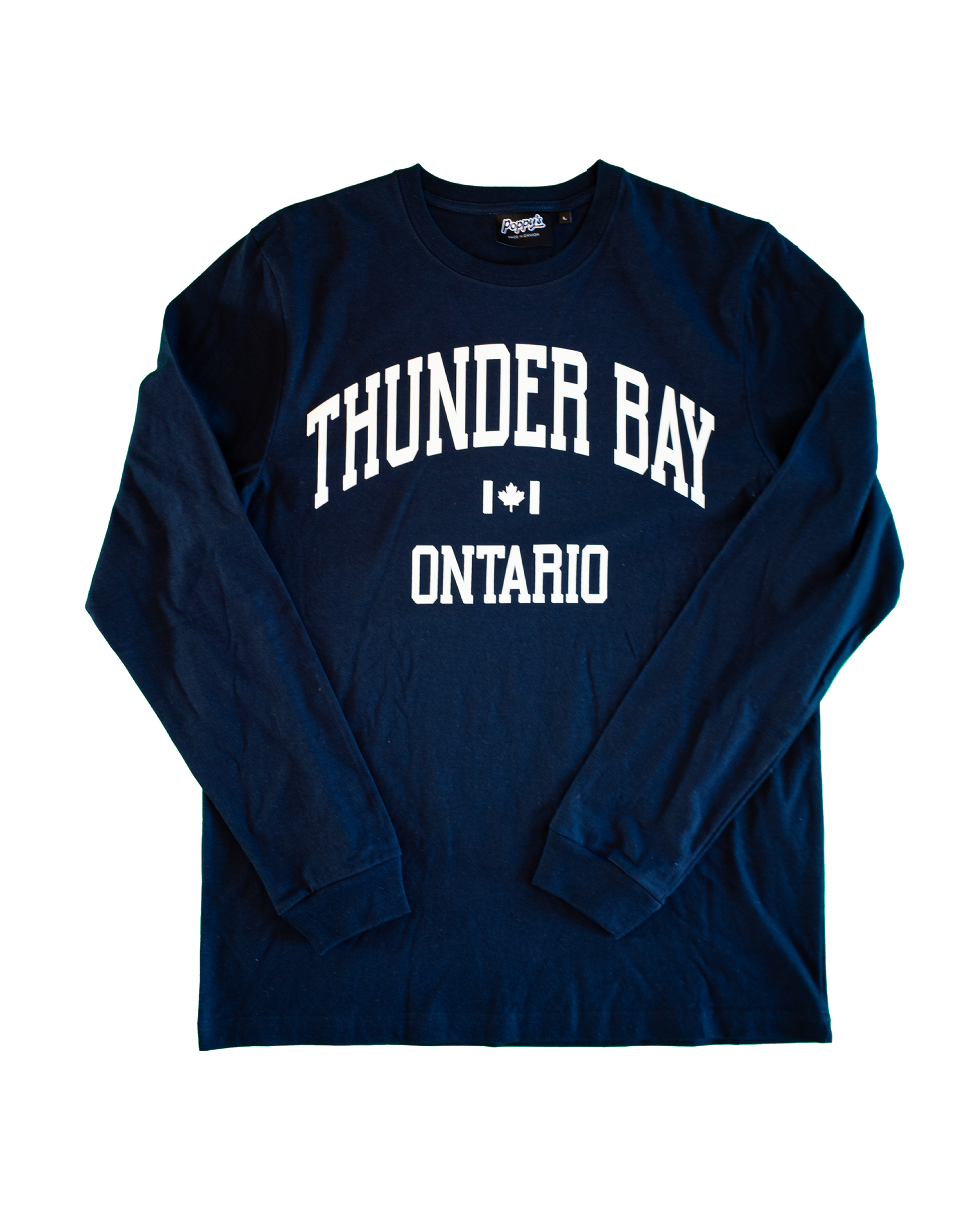 Navy blue long-sleeve shirt with 'Thunder Bay Ontario' text in white