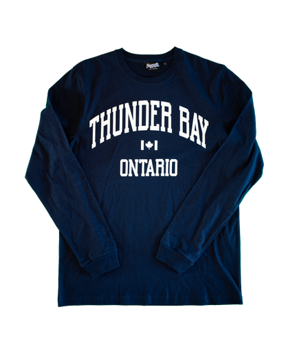Navy blue long-sleeve shirt with 'Thunder Bay Ontario' text in white