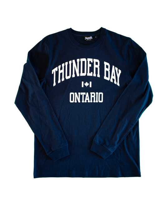 Navy blue long-sleeve shirt with 'Thunder Bay Ontario' text in white