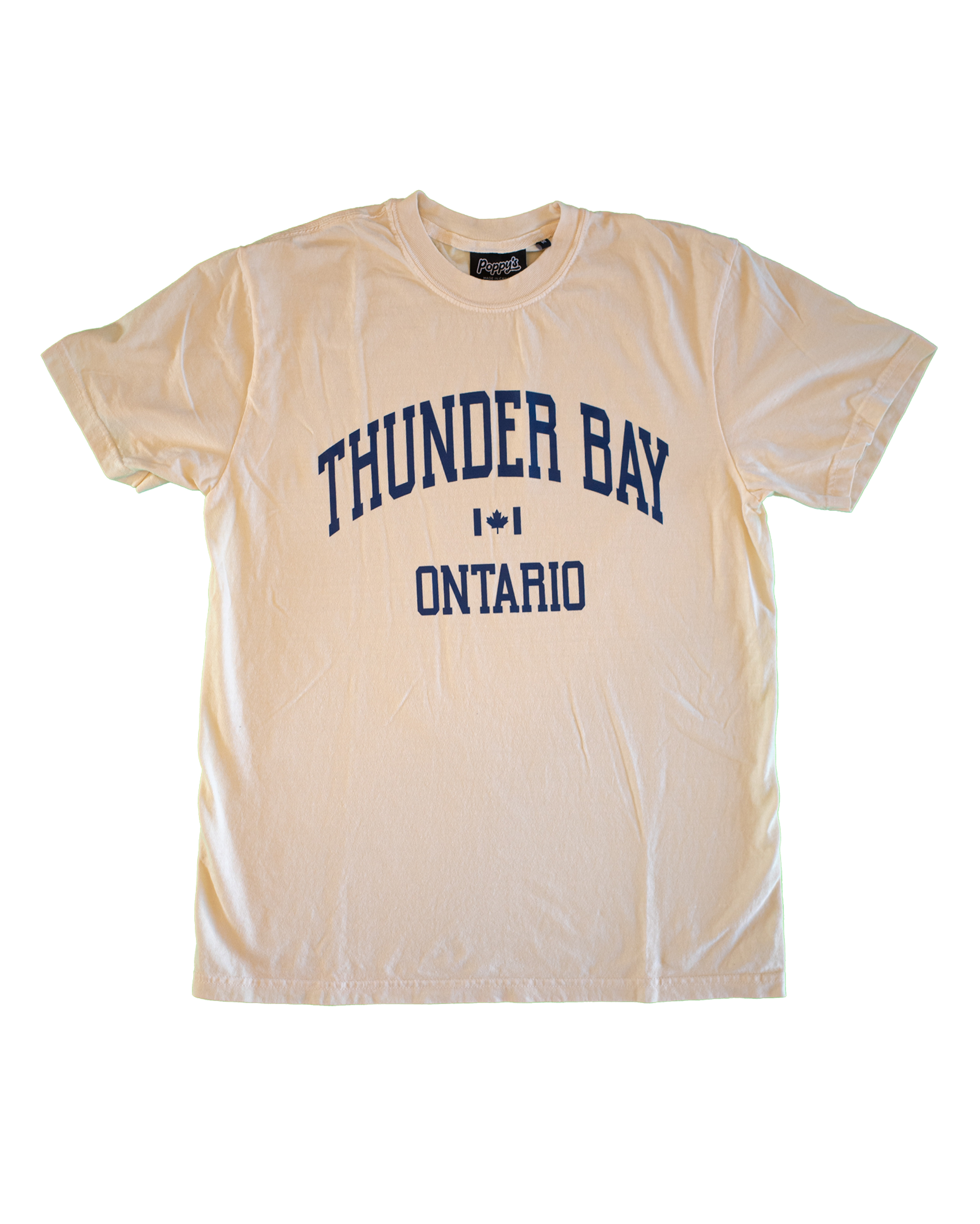 Beige t-shirt with 'Thunder Bay Ontario' text printed in navy blue