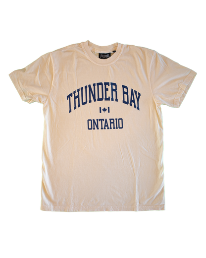 Beige t-shirt with 'Thunder Bay Ontario' text printed in navy blue
