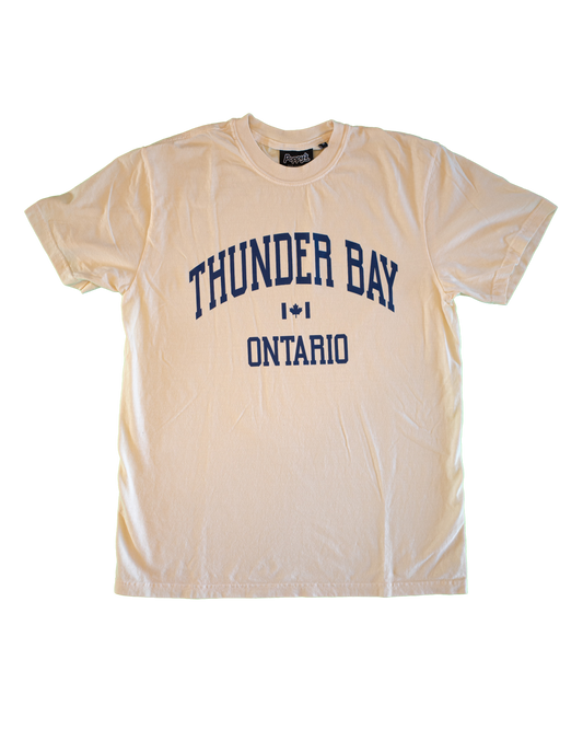 Beige t-shirt with 'Thunder Bay Ontario' text printed in navy blue