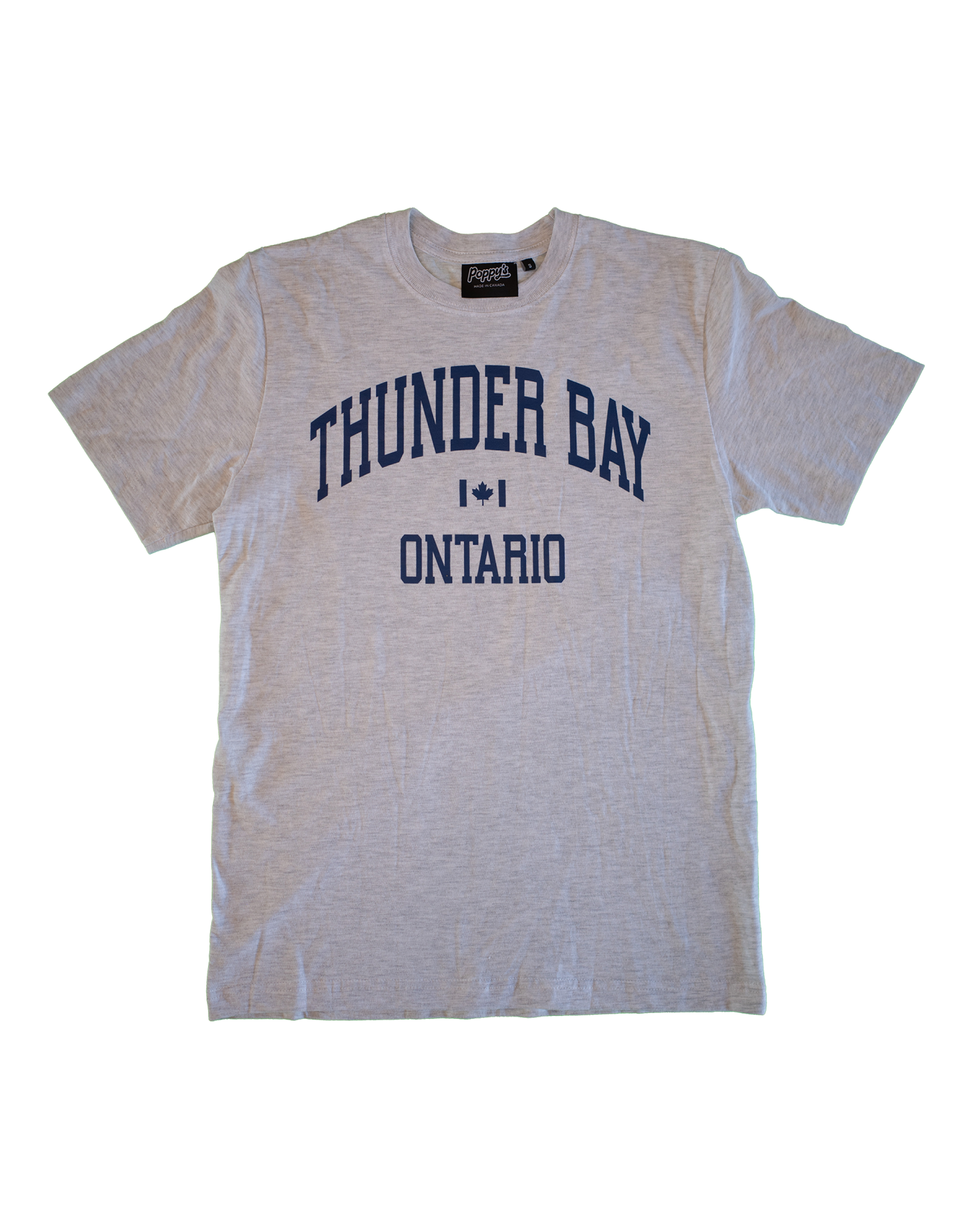 Grey t-shirt with 'Thunder Bay Ontario' text in blue