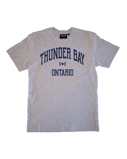 Grey t-shirt with 'Thunder Bay Ontario' text in blue