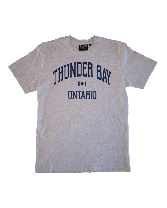 Grey t-shirt with 'Thunder Bay Ontario' text in blue