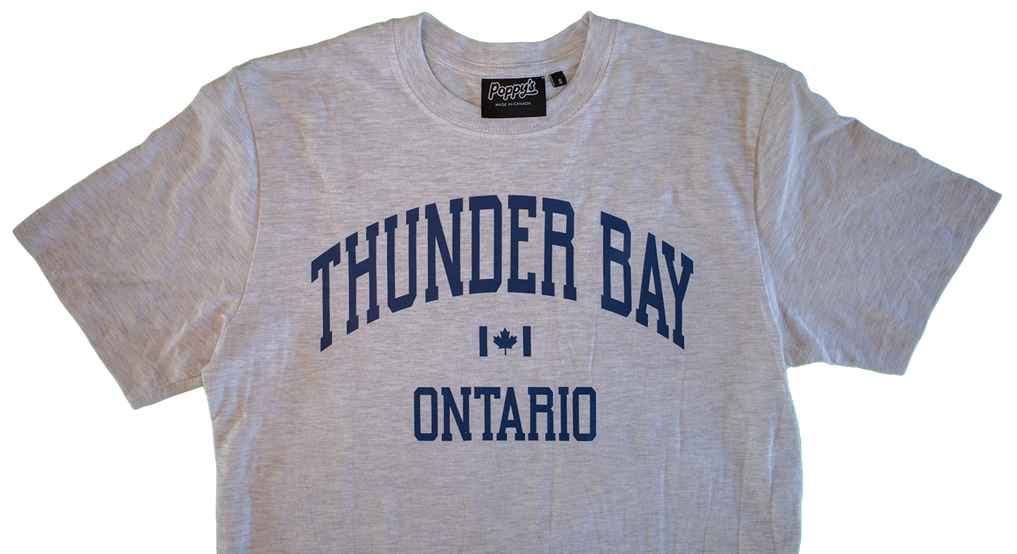 Grey T-Shirt With Thunder Bay Ontario in Blue Printed on Front 