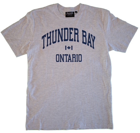 Grey T-Shirt With Thunder Bay Ontario in Blue Printed on Front 