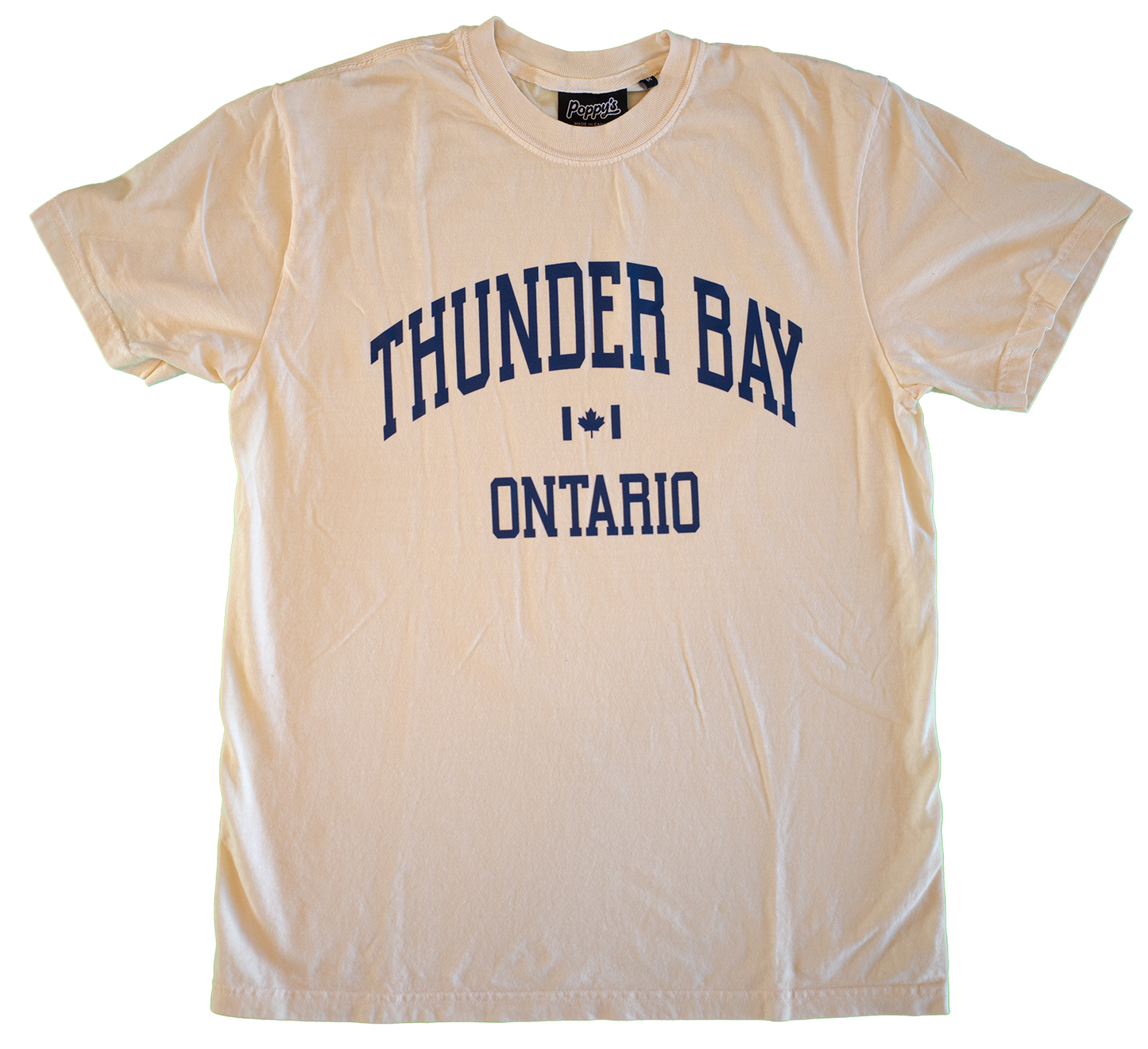 Ivory T-Shirt With Thunder Bay Ontario in Blue Printed on Front 