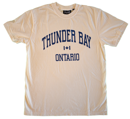 Ivory T-Shirt With Thunder Bay Ontario in Blue Printed on Front 