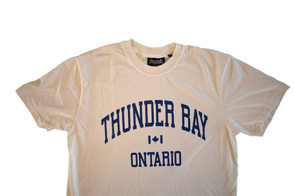 Ivory T-Shirt With Thunder Bay Ontario in Blue Printed on Front 