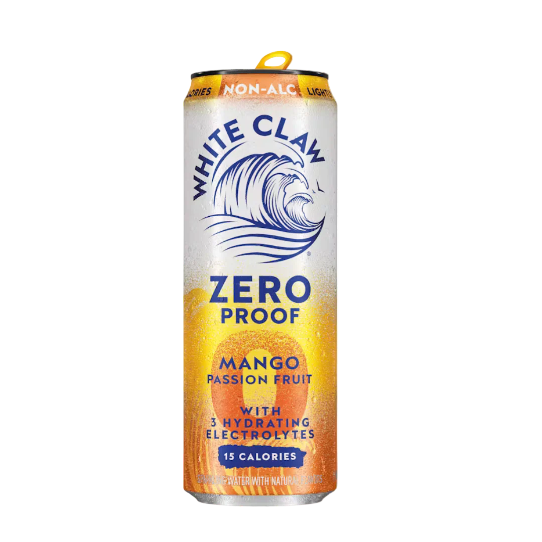 White Claw Zero Proof Mango Passion Fruit can on a white background