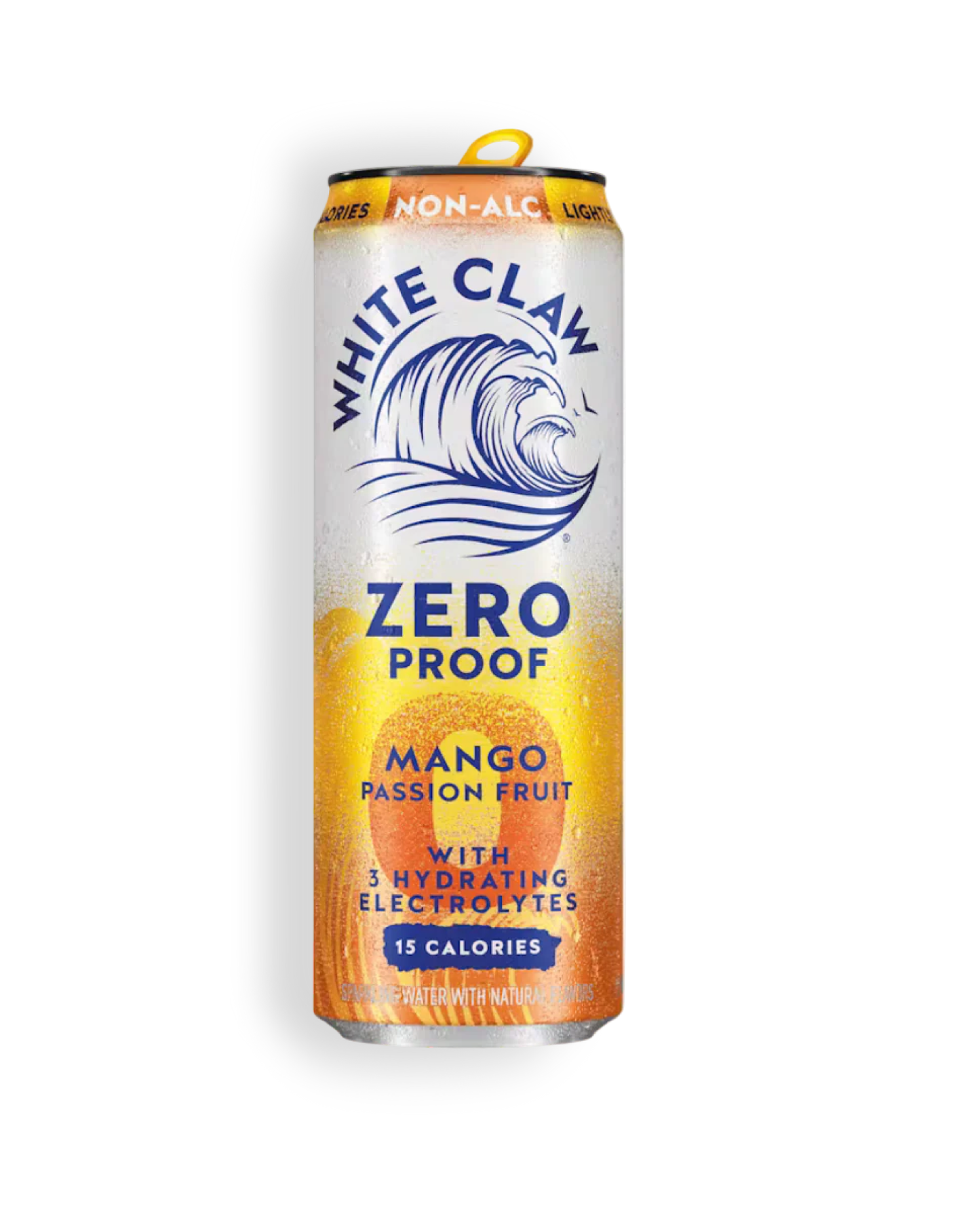 White Claw Zero Proof Mango Passion Fruit can on a white background