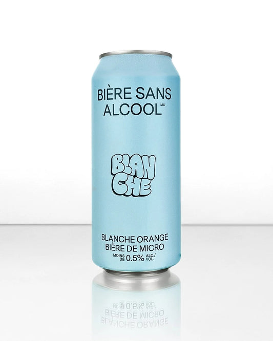 Blue can of 'BIèRE SANS ALCOOL' with branding on a white background