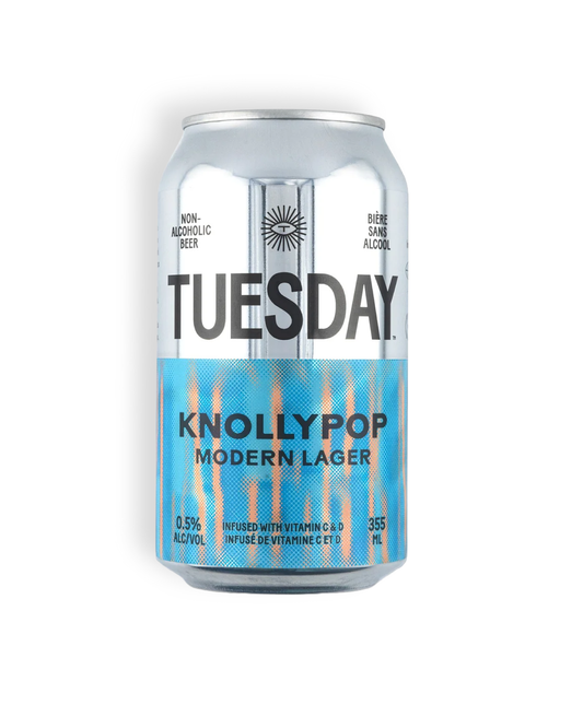 Can of 'Tuesday' Knollypop Modern Lager on a white background